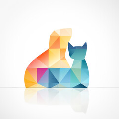 Colorful geometric illustration of a cat and dog silhouette in vibrant triangular mosaic, symbolizing companionship and modern pet design