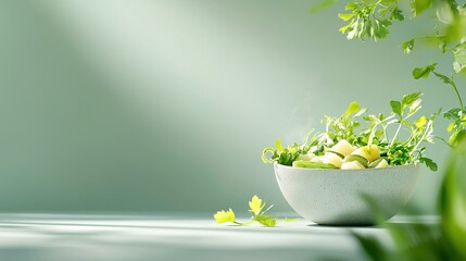   A bowl of food rests on a table with a plant emerging from its surface