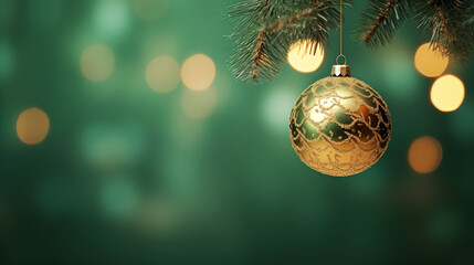 Fototapeta premium Festive Christmas and New Year holiday banner card with single minmalist ornament hanging from pine branch. with copy space and glitter bokeh. Holiday bokeh background with copy space.