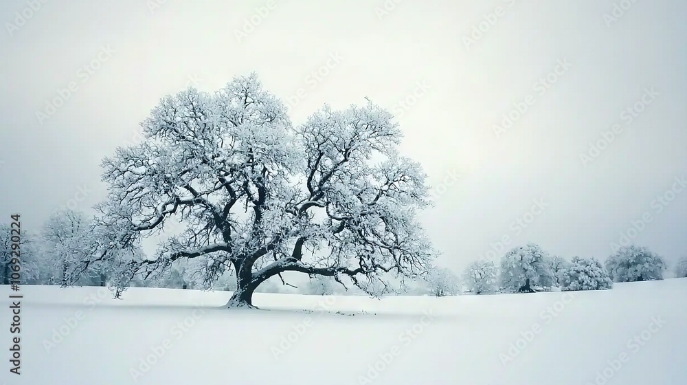 Poster a lone tree stands in the middle of a snow-covered field, basking in the sunlight filtering through 