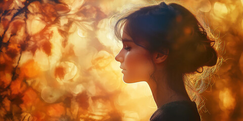 Serene profile of a woman amidst autumn leaves and warm light
