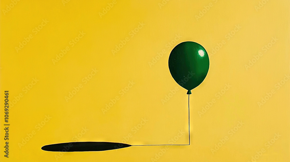 Poster a yellow background features a green balloon with a long string stretched from its bottom