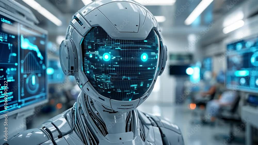 Poster a futuristic humanoid robot standing in a high-tech lab surrounded by advanced screens and equipment