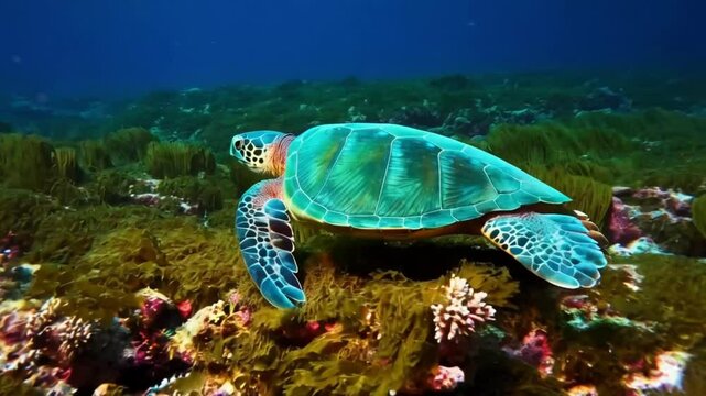green sea turtle (Chelonia mydas) eating seaweed at the bottom , eating sea grass , Red sea , Marsa Alam , Abu Dabab , Egypt