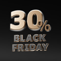 black Friday 30 percent discount metallic on dark background 3d render concept for big sale offer
