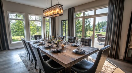 Obraz premium Modern dining room with large windows, a wooden table, and black leather chairs.