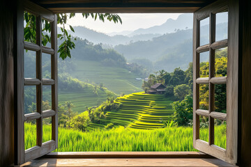 Terraced Rice Fields View from Village Hut: Southeast Asia Rural Life Scene