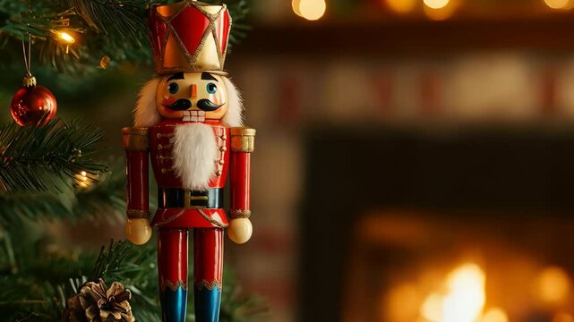 Nutcracker ornament hanging on Christmas tree with fireplace in background. Traditional Christmas and New Year celebration. Vintage classic toy concept. Banner, invitation, greeting