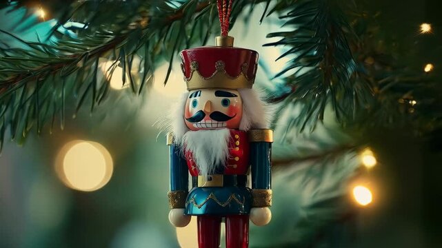 Nutcracker ornament hanging on Christmas tree with bokeh background. Traditional Christmas and New Year celebration. Vintage classic toy concept. Banner, invitation, greeting