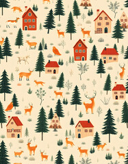 Obraz premium Seamless pattern with hand drawn textured houses, forest, forest animals. Cute old town, animals, plants, perfect for winter wrapping paper or fabric, realistic