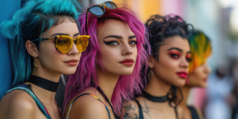 Obraz premium Vibrant urban femininity: diversity in colorful hair and fashion trends