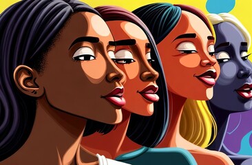 Four black girls. Young African American women. Different shades of dark skin for advertising foundations. Close-up of faces. Models for a cosmetic brand. Cartoon style characters.