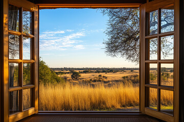 Fototapeta premium Vast Savannah View from Safari Lodge: Thrilling Wildlife Reserve Experience