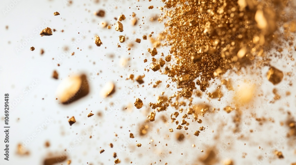 Poster a dynamic explosion of golden particles against a light background.