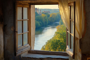 Winding River View from Riverside Castle Terrace: Romantic Getaway Scene