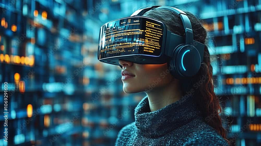 Poster exploring virtual reality in a futuristic digital environment during an immersive experience