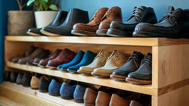 A wooden shoe rack filled with various styles of men's shoes, including loafers, boots, and dress shoes, stands in a home entryway
