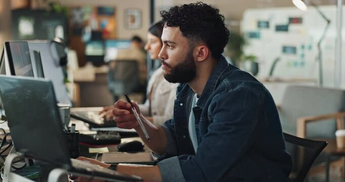 Web developer, man and technology in office with thinking of solution for website troubleshooting and code testing. Business, employee and computer for problem solving backend development on laptop