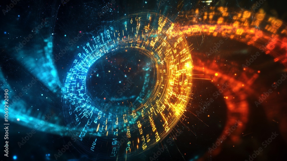 Poster an engaging digital artwork of a dual-color vortex, swirling with captivating light patterns, presen
