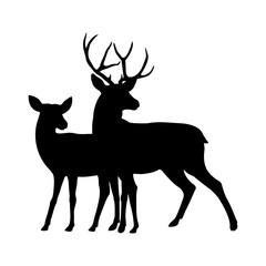 Silueta de pareja de ciervo o reno macho y hembra de pie mirando en la misma dirección	