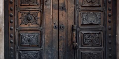 Antique wooden door with ornate carvings and weathered texture