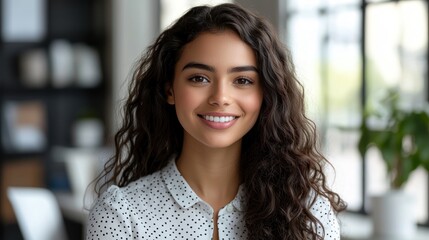 A young woman with curly hair smiles pleasantly in a well lit office environment