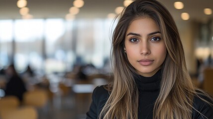 Fototapeta premium The young woman stands in a contemporary café, her long hair cascading effortlessly while she gazes forward