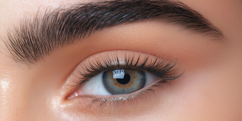 Obraz premium Detailed close-up of a beautiful eye with natural eyebrow and lush eyelashes