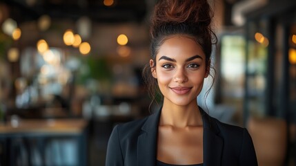 Obraz premium A young woman stands in a modern café, exuding confidence while smiling warmly