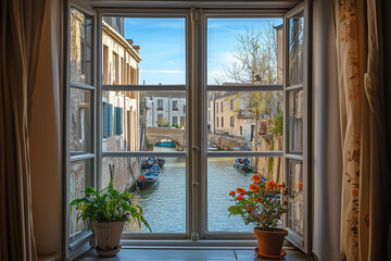 Window View of Busy Canal from Waterside Residence – Historic European Canal Life