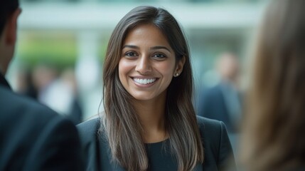 Obraz premium A friendly woman in professional attire smiles as she interacts with coworkers at a corporate gathering