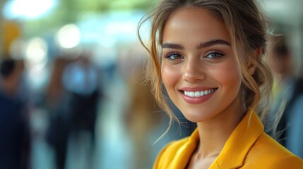 Fototapeta premium A cheerful young woman shows her bright smile in a lively urban setting, radiating positivity and style