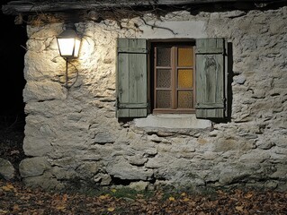 Stone cottage wall with lit lantern and wooden shutters at night.