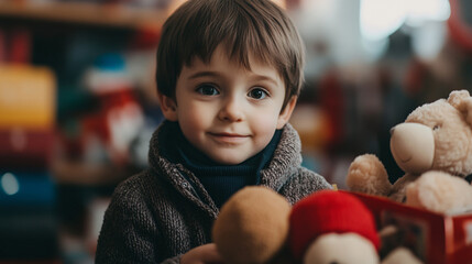 A child donating toys to a charity, learning the value of generosity and kindness.