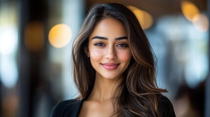 Obraz premium A young woman with long hair smiles in a bustling café filled with soft light and warm atmosphere