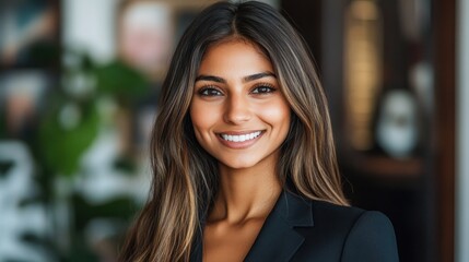 Obraz premium A smiling woman in business attire stands in an office filled with greenery, exuding confidence and warmth