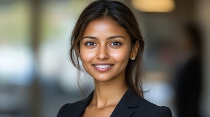 Obraz premium A young woman in professional attire smiles confidently while standing in an office environment