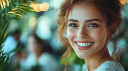 Obraz premium A joyful young woman with bright eyes shares a smile at a lively event filled with guests