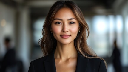 Obraz premium A young woman with long hair is smiling confidently in a contemporary office setting