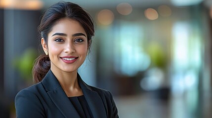 Obraz premium A young woman in a business suit smiles warmly in a modern office environment