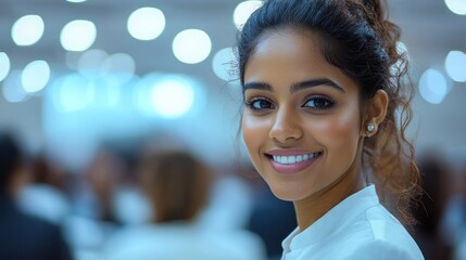 Obraz premium A young woman smiles warmly at a networking event filled with attendees in a well lit venue