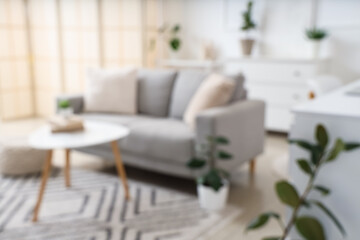 Blurred view of light living room with grey sofa, table and plants