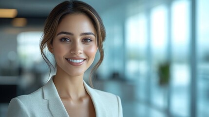 Fototapeta premium Confident young woman in elegant blazer smiles warmly while standing in a contemporary office environment