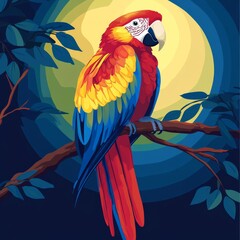 Fototapeta premium A vibrant parrot with rainbow-colored feathers perched on a branch under the moonlight, evoking a sense of tropical adventure and exotic mystery.