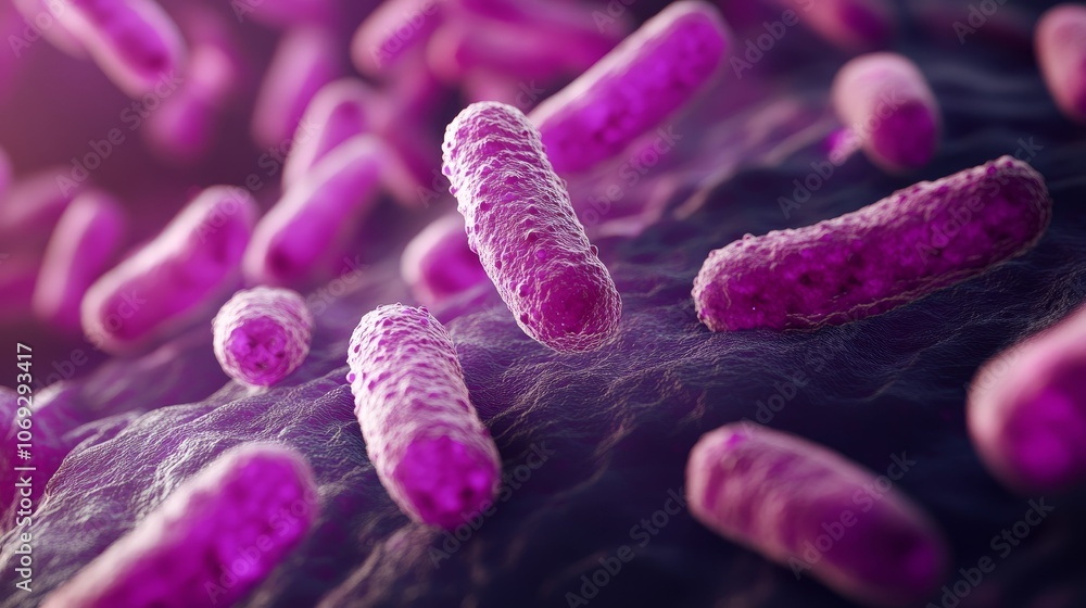 Poster a detailed 3d rendering of numerous bacteria on a textured surface, depicted in various shades of pi