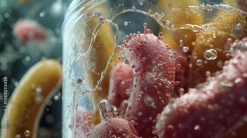 Poster dynamic portrayal of colorful marine life forms with sparkling textures surrounded by bubbles, empha