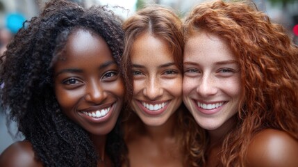 Fototapeta premium Three friends with unique hair types share a joyful moment outdoors, radiating happiness and friendship