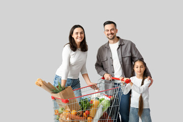 Happy family with full shopping cart on grey background