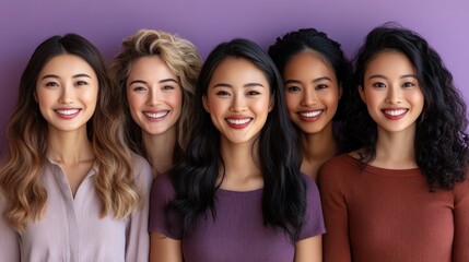Obraz premium Five young women stand together, smiling happily against a vibrant purple backdrop