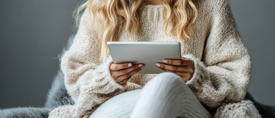 A young woman relaxes in a soft sweater, engaged with a tablet in a comfortable indoor setting